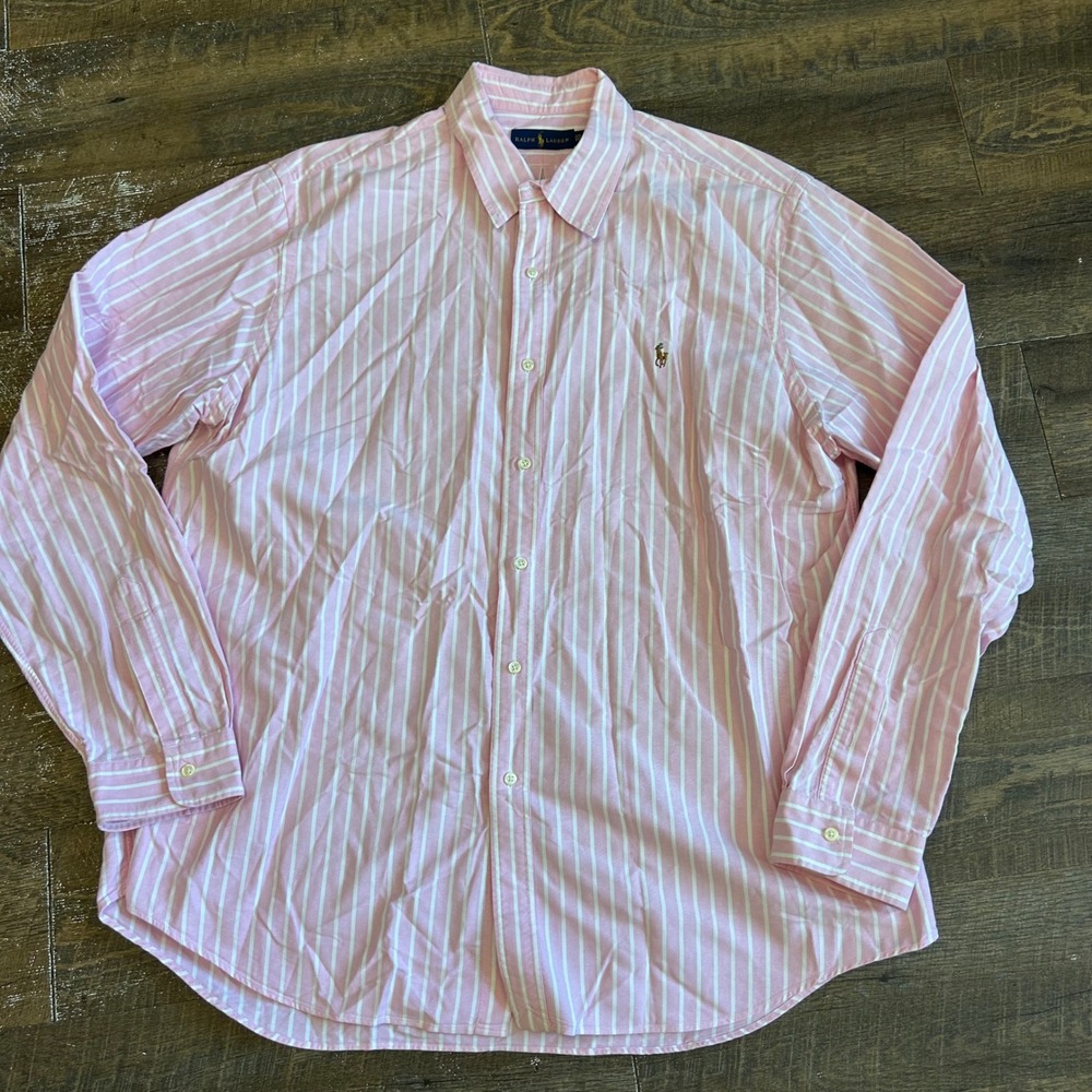 Ralph Lauren Mens XXL Pink White Striped Cotton Oxford Button Down Shirt